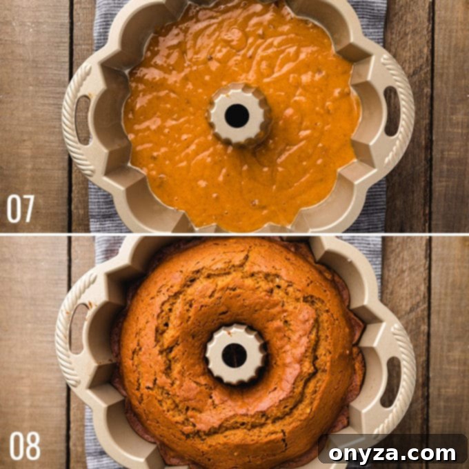 A side-by-side comparison showing the pumpkin cake batter in a bundt pan before baking and the beautifully golden-brown baked cake still in its pan, highlighting the transformation.