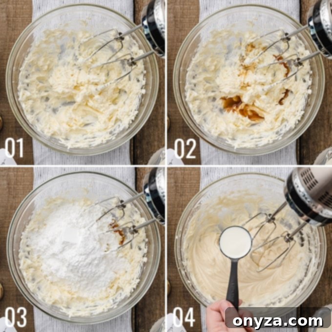 Velvety Cream Cheese Topping 4 A collage of four process photos demonstrating how to make cream cheese glaze: (1) beating cream cheese and butter, (2) adding vanilla, (3) incorporating powdered sugar, and (4) thinning with milk to desired consistency.