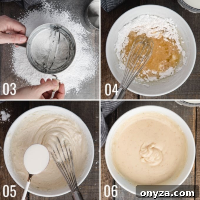 four photos showing the process of mixing brown butter cake glaze