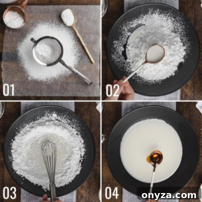 Simple Powdered Sugar Glaze 4 collage of four overhead photos showing the process of making powdered sugar glaze