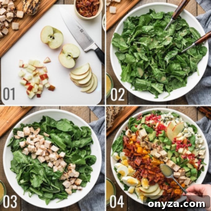 A collage demonstrating the process of making a Harvest Cobb Salad, showing various stages of preparation including dicing ingredients and arranging them.