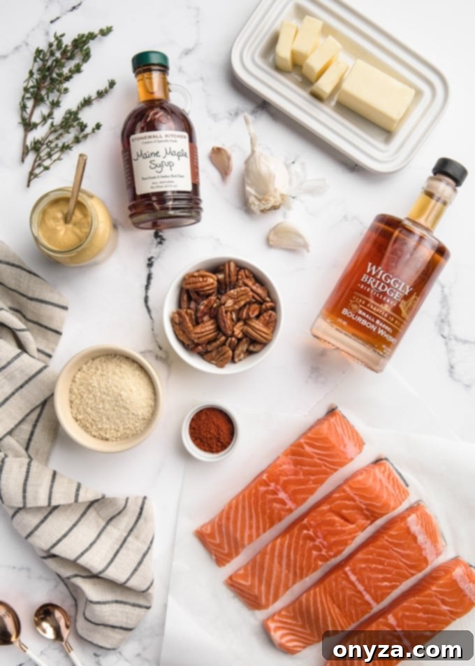 overhead view of ingredients needed to make pecan crusted salmon