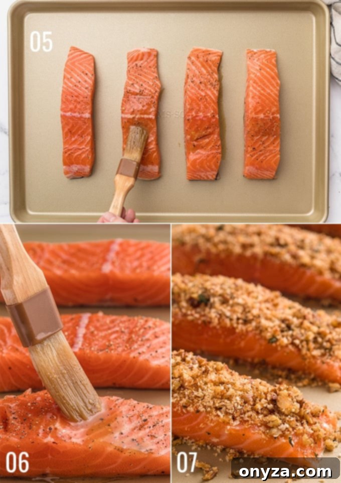 collage of process photos showing how to put a pecan crust on salmon fillets