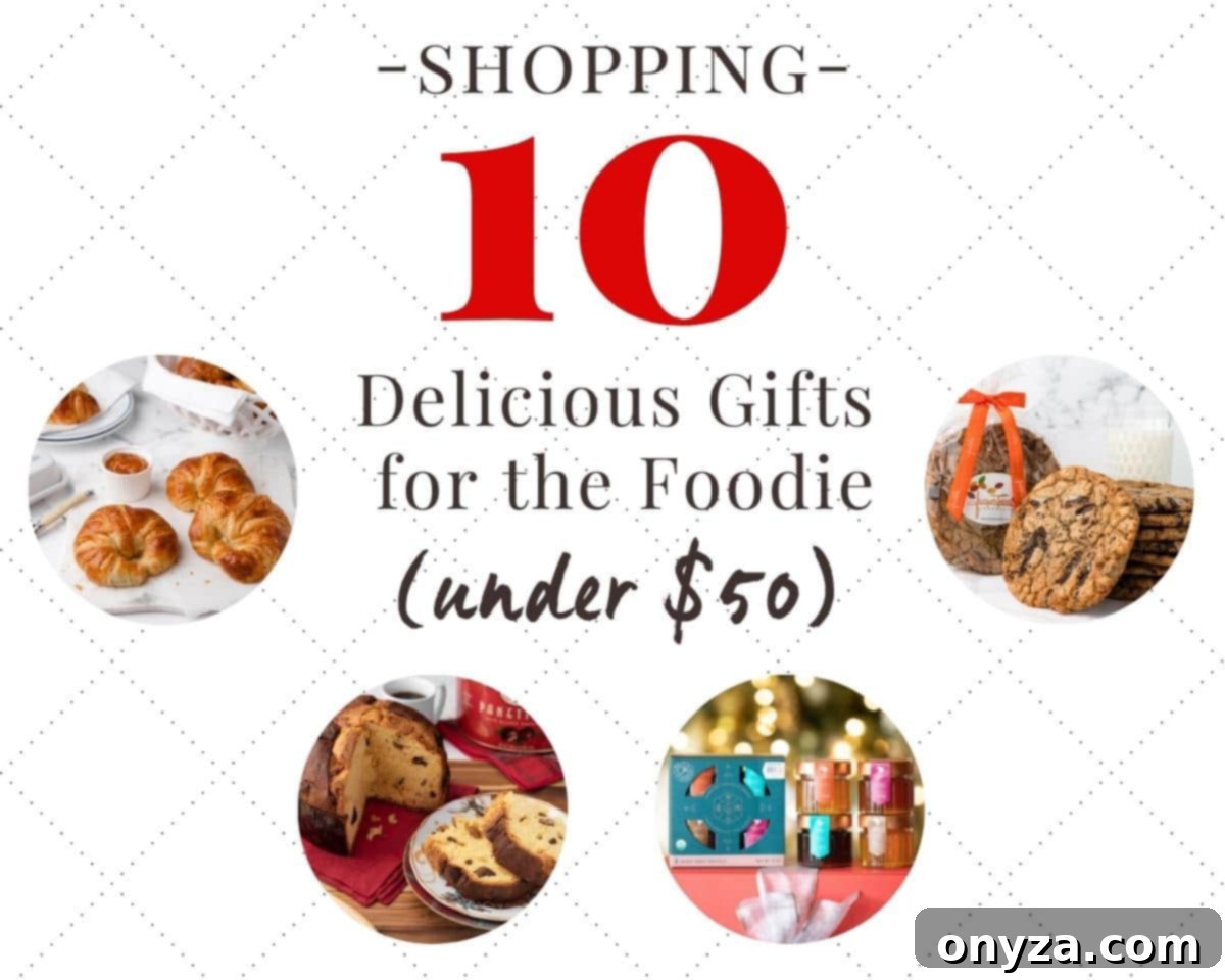 Four delicious food gifts presented in circular frames, with text overlay '10 Delicious Gifts for the Foodie Under $50' highlighting holiday shopping inspiration.