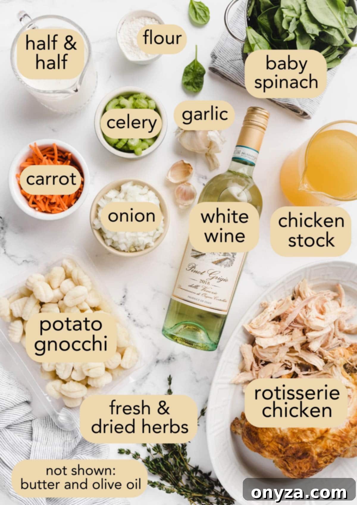 Hearty Chicken Gnocchi Comfort 3 overhead of ingredients needed to make chicken gnocchi soup on a marble board with text overlay labels