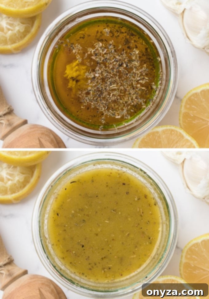 Zesty Feta Orzo Salad 4 Overhead photo showing two jam jars, one with unmixed red wine-lemon vinaigrette (oil separated) and another with emulsified, mixed vinaigrette, ready for use.
