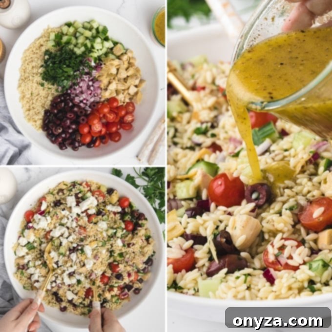 Zesty Feta Orzo Salad 5 Three process photos: an untossed Orzo Salad with Feta in a large bowl, the same salad after being tossed with ingredients, and a hand pouring vinaigrette from a jam jar over the salad.
