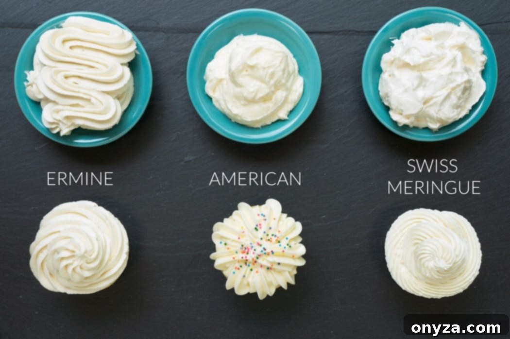 cupcakes frosted with ermine icing, american buttercream, and swiss meringue buttercream