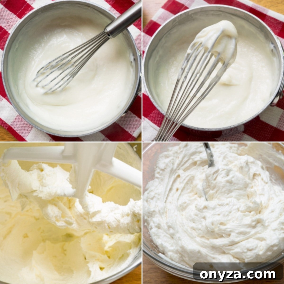 four photos showing the process of making ermine icing