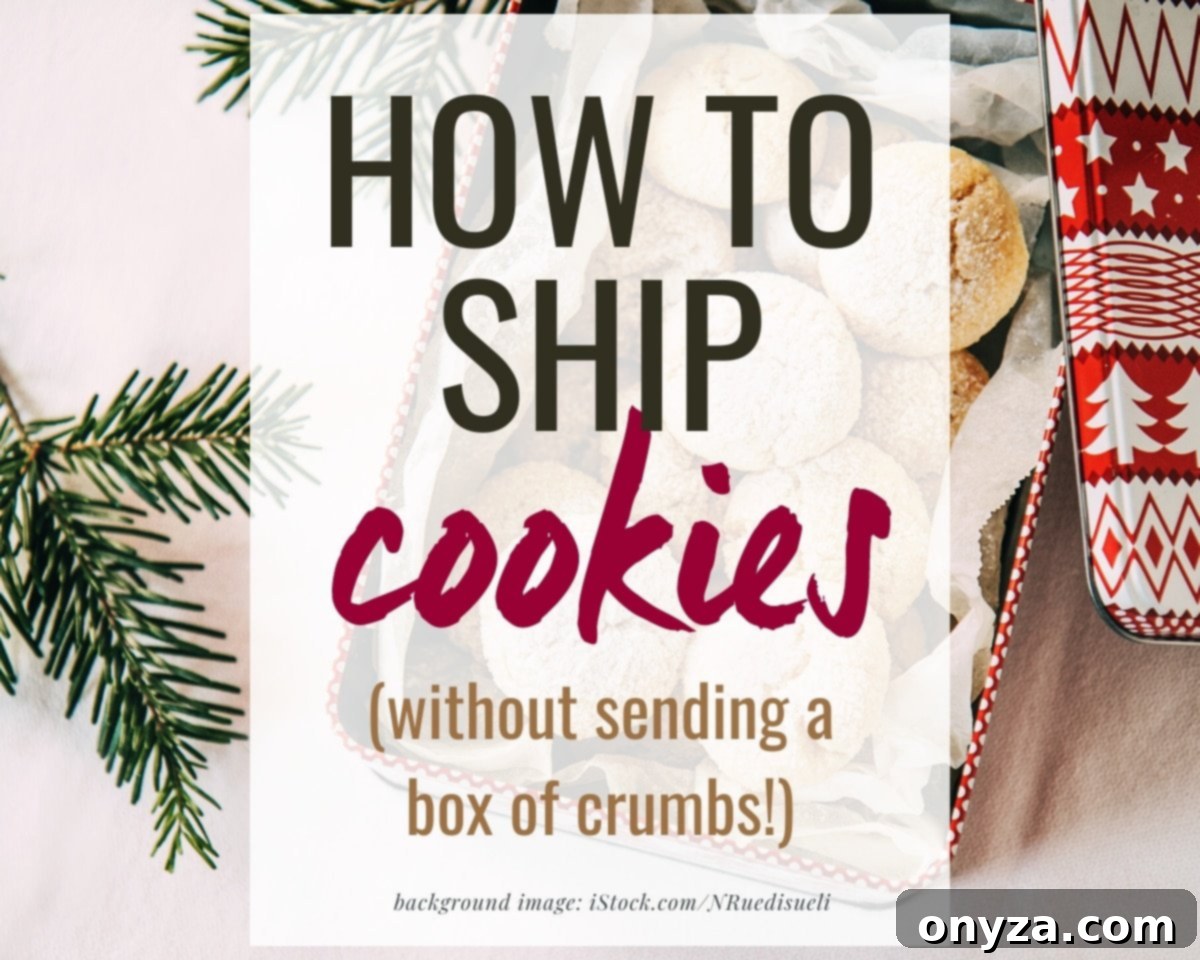 cookies in a red and white tin with evergreen sprigs and a text overlay that reads "how to ship cookies (without sending a box of crumbs!)"