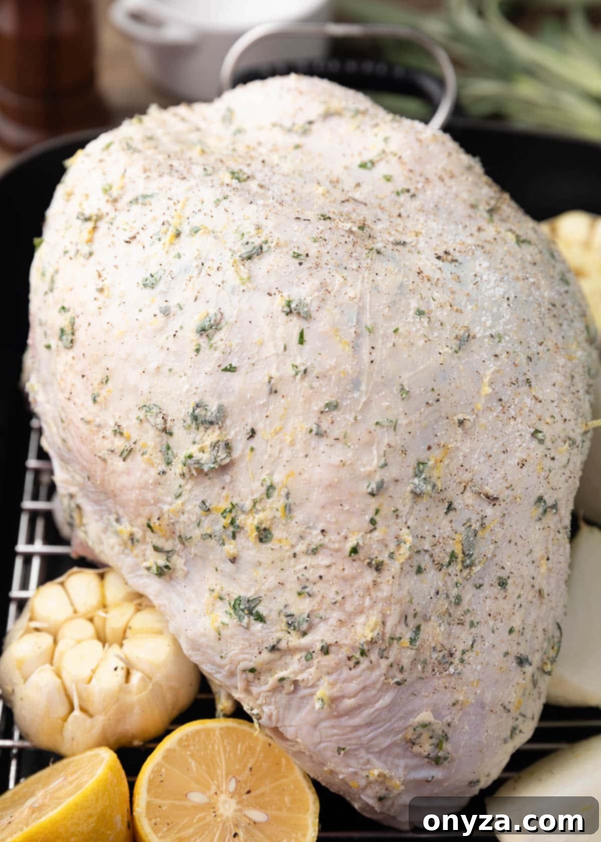Uncooked turkey breast in a roasting pan, generously covered with golden herb compound butter, ready for the oven