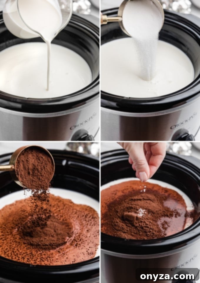 four photos showing the process of adding heavy cream, sugar, cocoa powder, and salt to a slow cooker