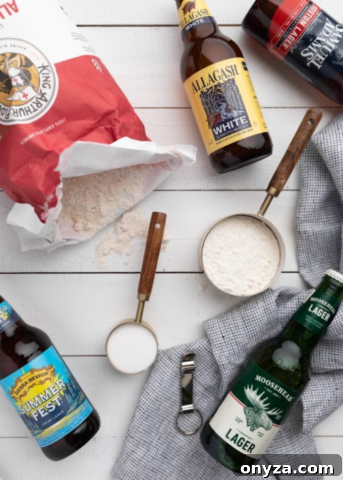 Flatlay showcasing key beer bread ingredients: all-purpose flour, sugar, and various bottles of beer