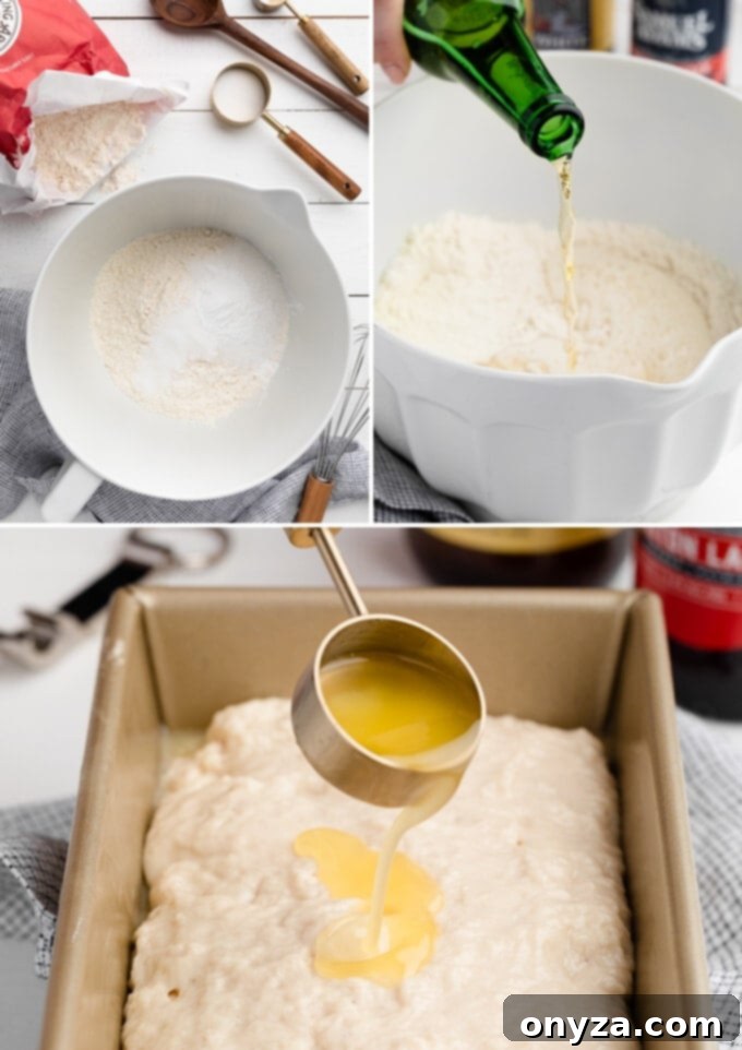 Collage of three process shots showing dry ingredients, pouring beer, and drizzling butter over beer bread batter in a loaf pan