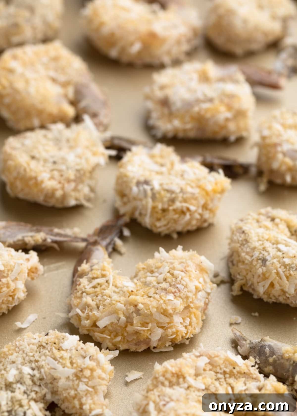 Tropical Crispy Prawns 6 Perfectly breaded raw coconut shrimp arranged in a single layer on a baking sheet, ready for cooking.