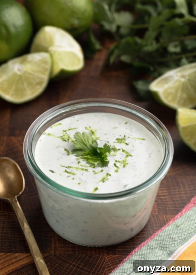 Freshly made cilantro lime sauce in a clear glass jar, resting on a rustic wooden board. Bunches of vibrant green cilantro and whole, bright green limes are scattered around, highlighting the fresh ingredients used in the sauce.