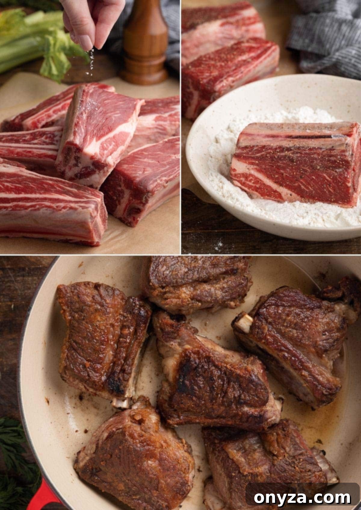 3 photos showing the process of seasoning short ribs with kosher salt, dredging them in flour, and searing them in a Dutch oven