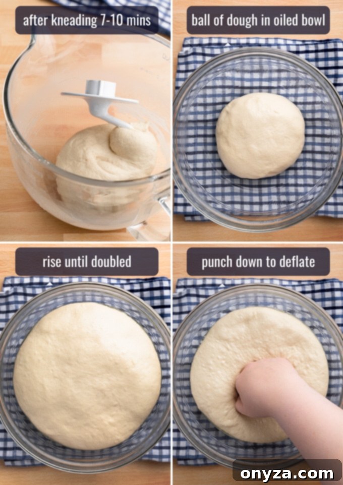four photos showing the process of the first rise for homemade white bread