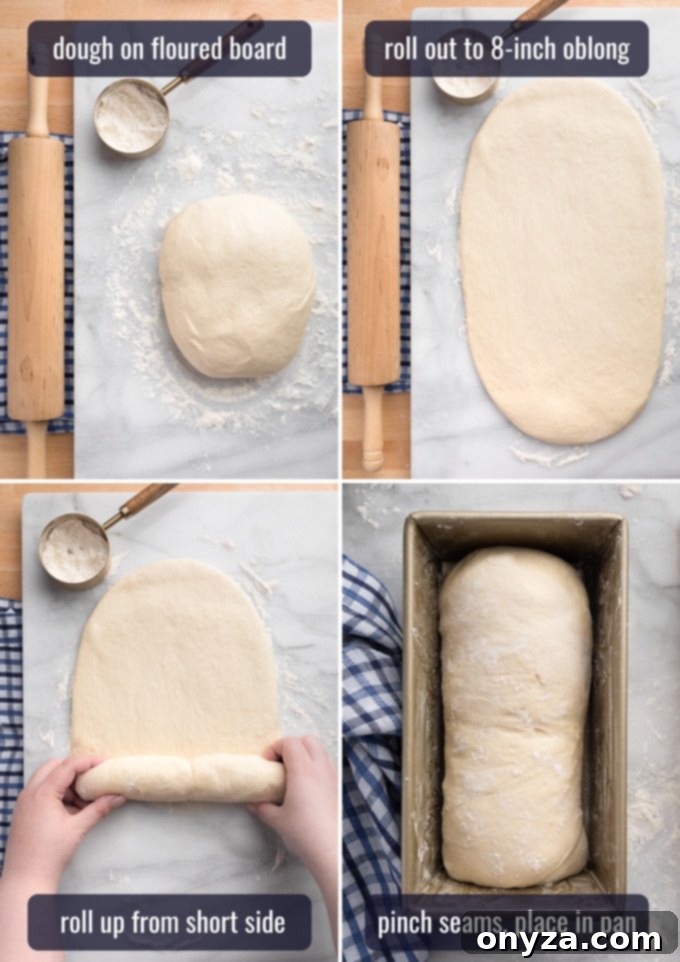 four photos showing the process of rolling and shaping a white bread loaf