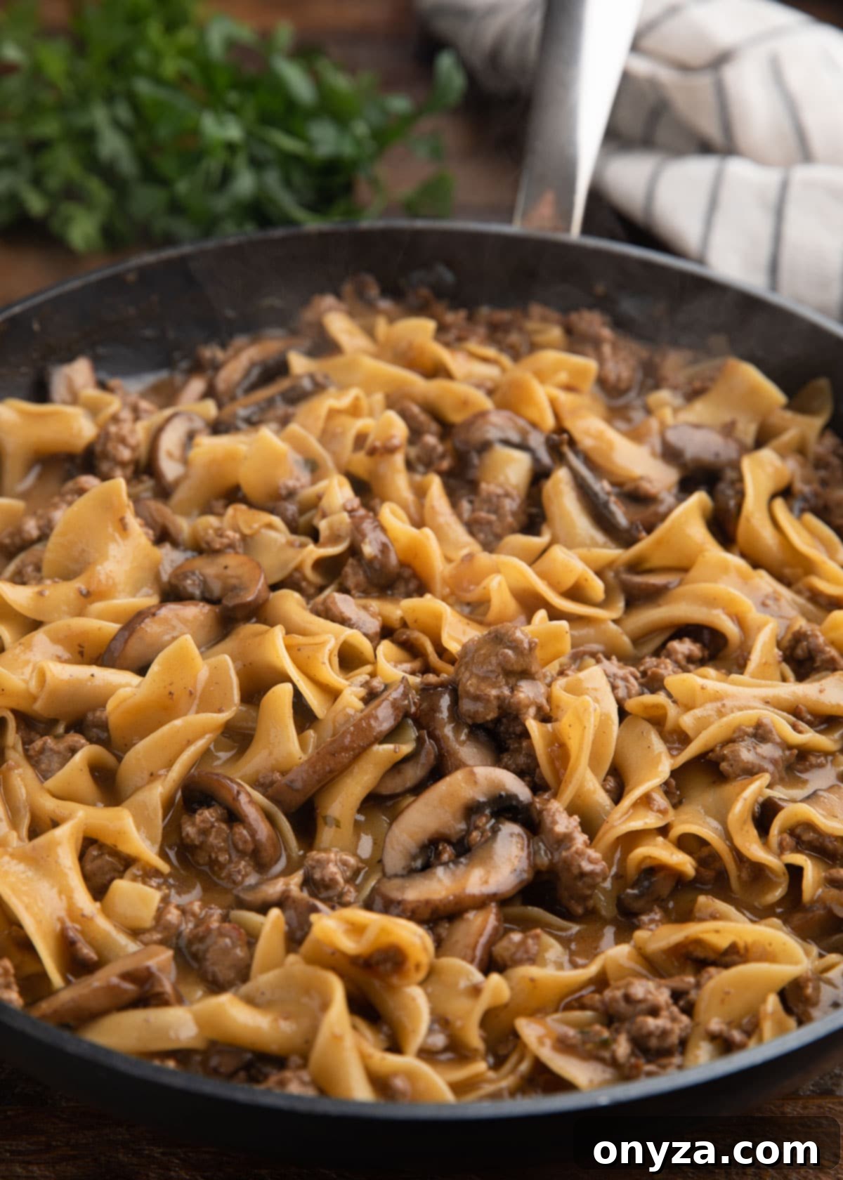 steamy pan of ground beef stroganoff before adding sour cream