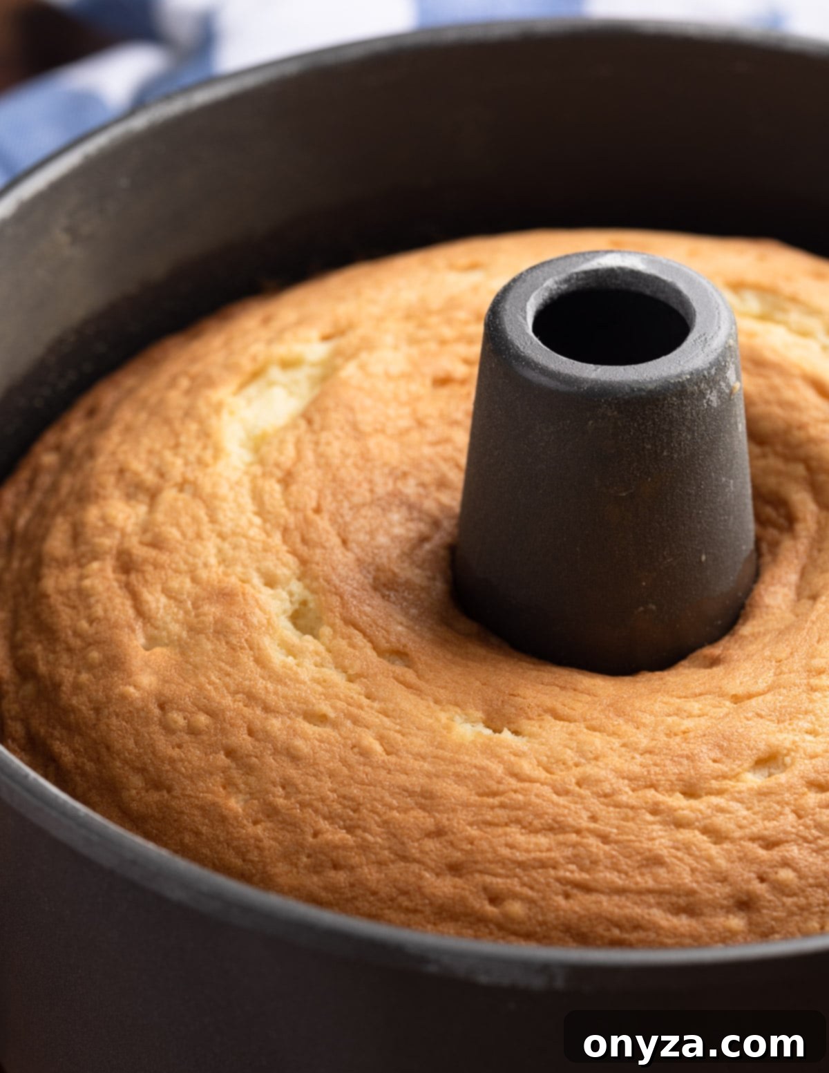 closeup side view of a baked vanilla pound cake in a tube pan