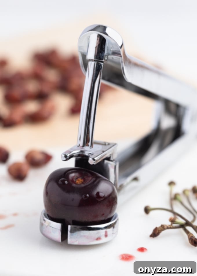 Closeup of a sweet cherry sitting in a handheld cherry pitter on a marble cutting board