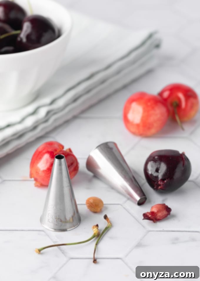 stainless steel round piping tips on a tile board with pitted bing and rainier cherries