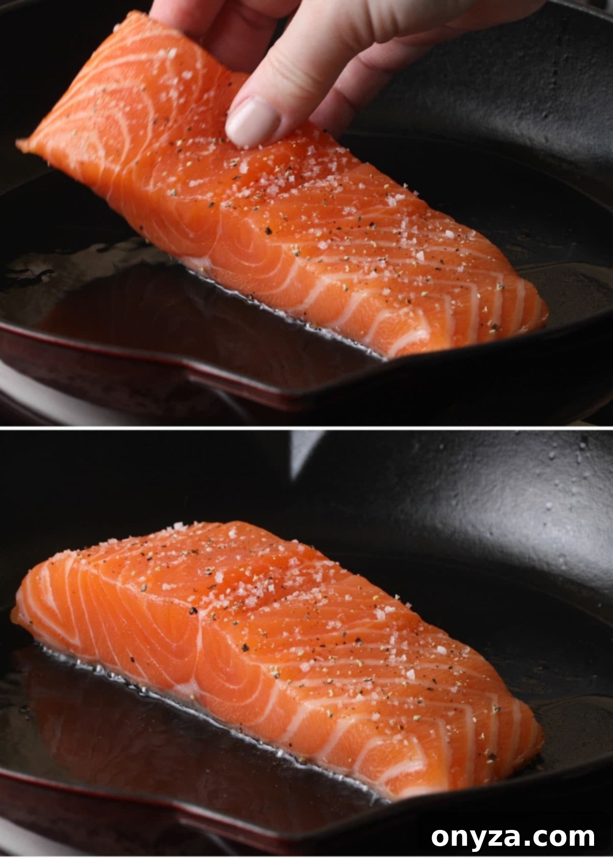 A two-part image demonstrating the initial stages of pan-searing salmon: first, a hand carefully places a salmon fillet into a hot pan, showing the correct technique to avoid splatter; second, the fillet is shown beginning to buckle from the heat, illustrating the need for immediate action with a fish spatula.