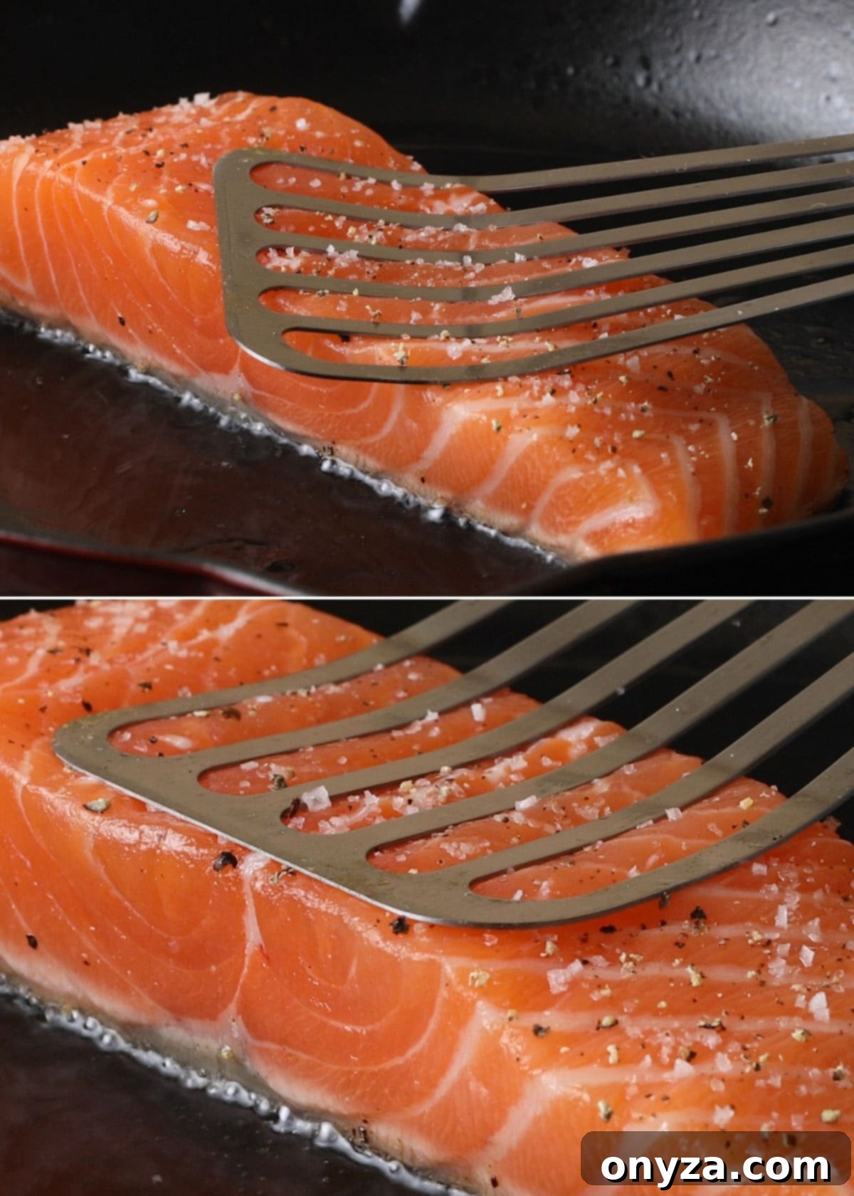 A two-part image showing the immediate action after placing salmon in a hot pan: first, the fillet is shown buckling slightly due to the heat, and second, a fish spatula gently presses down on the fillet to flatten it, ensuring even cooking and crisping.