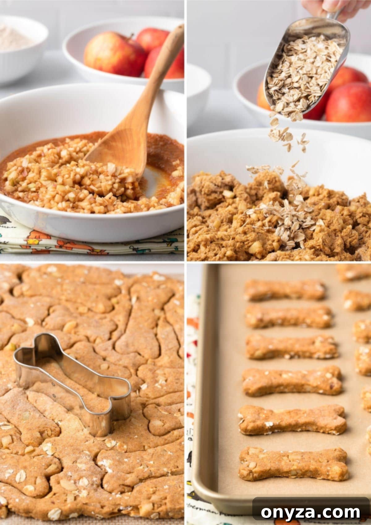 Wholesome Pumpkin Apple Oat Treats for Pups 5 A four-photo collage illustrating the step-by-step process of making homemade pumpkin dog treats, from mixing ingredients to cutting shapes and baking.