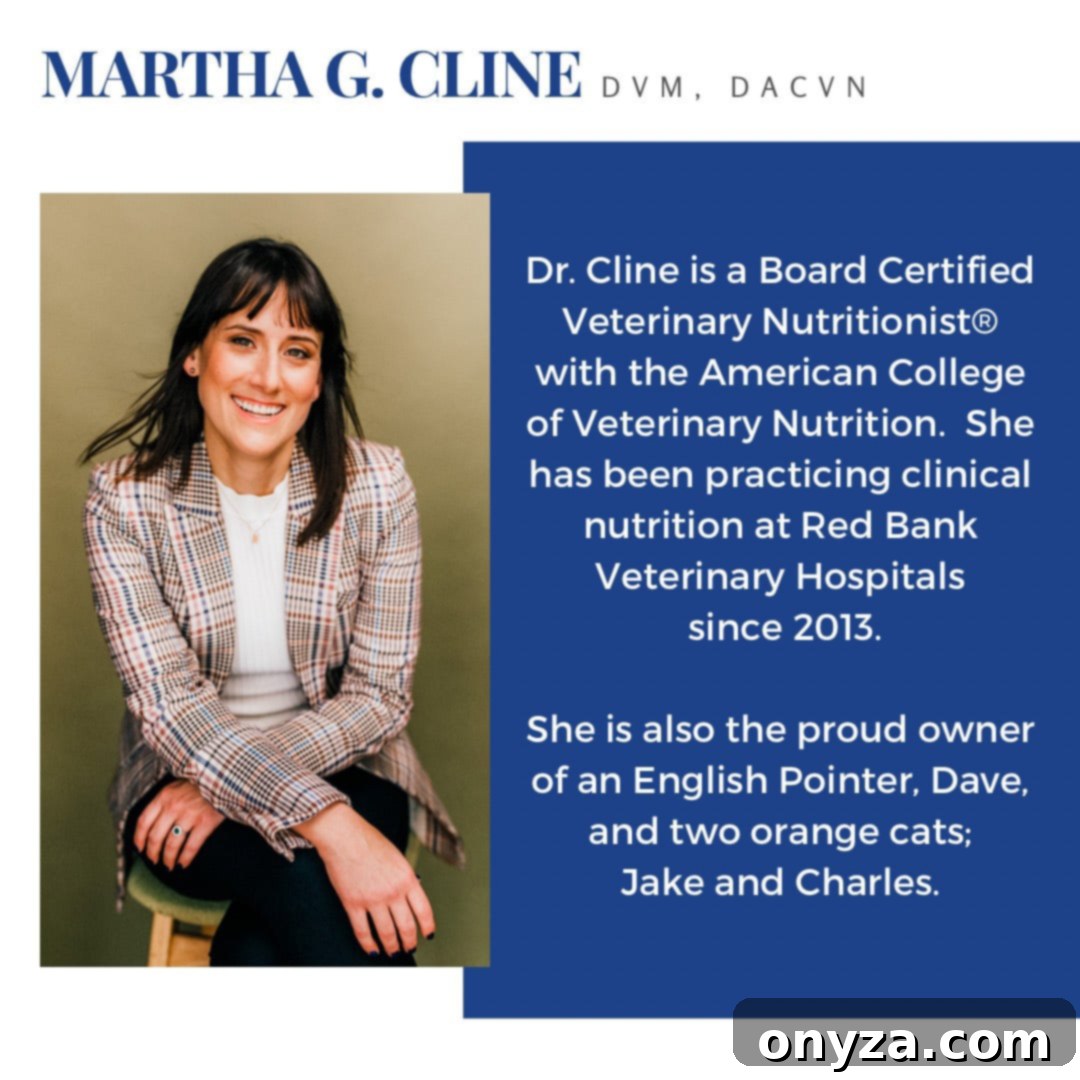 Wholesome Pumpkin Apple Oat Treats for Pups 6 A professional headshot and brief biography of Martha Cline, DVM, DACVN, a Board-Certified Veterinary Nutritionist, highlighting her expertise.