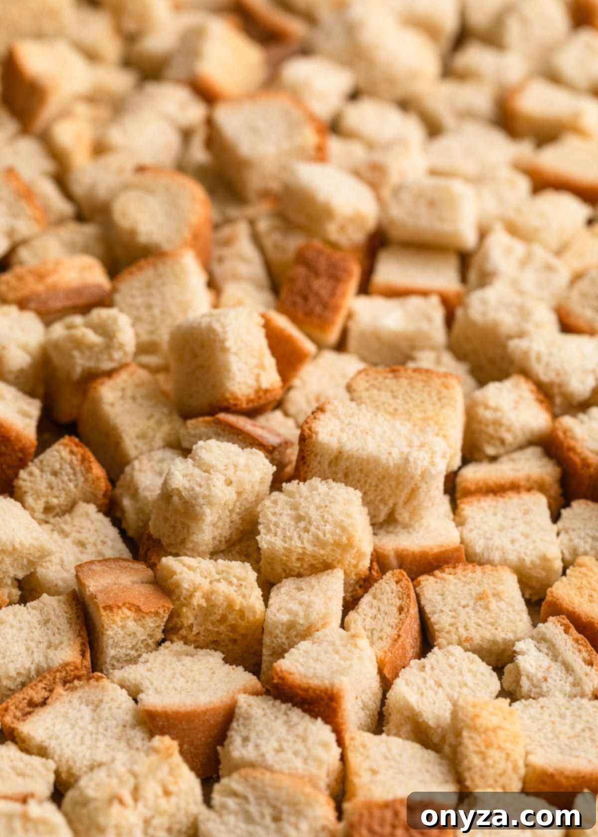 Perfectly toasted white bread croutons spread evenly on a baking sheet, ready for the next step in making traditional stuffing.