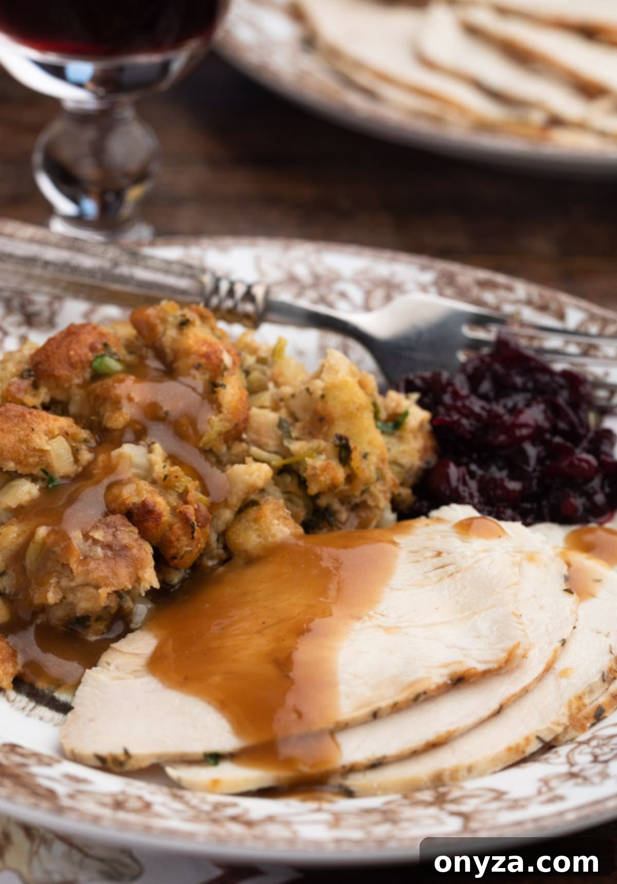 A classic Thanksgiving plate featuring perfectly sliced turkey topped with rich gravy, a generous serving of traditional herb stuffing also with gravy, and a side of vibrant cranberry sauce.