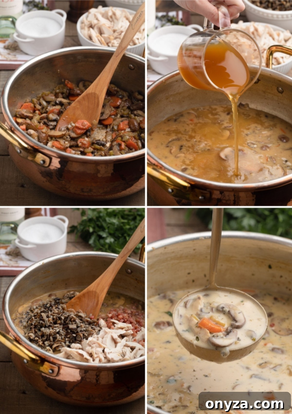 four photos showing the process of making creamy turkey wild rice soup