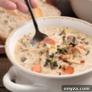 closeup of taking a spoonful of leftover turkey wild rice soup
