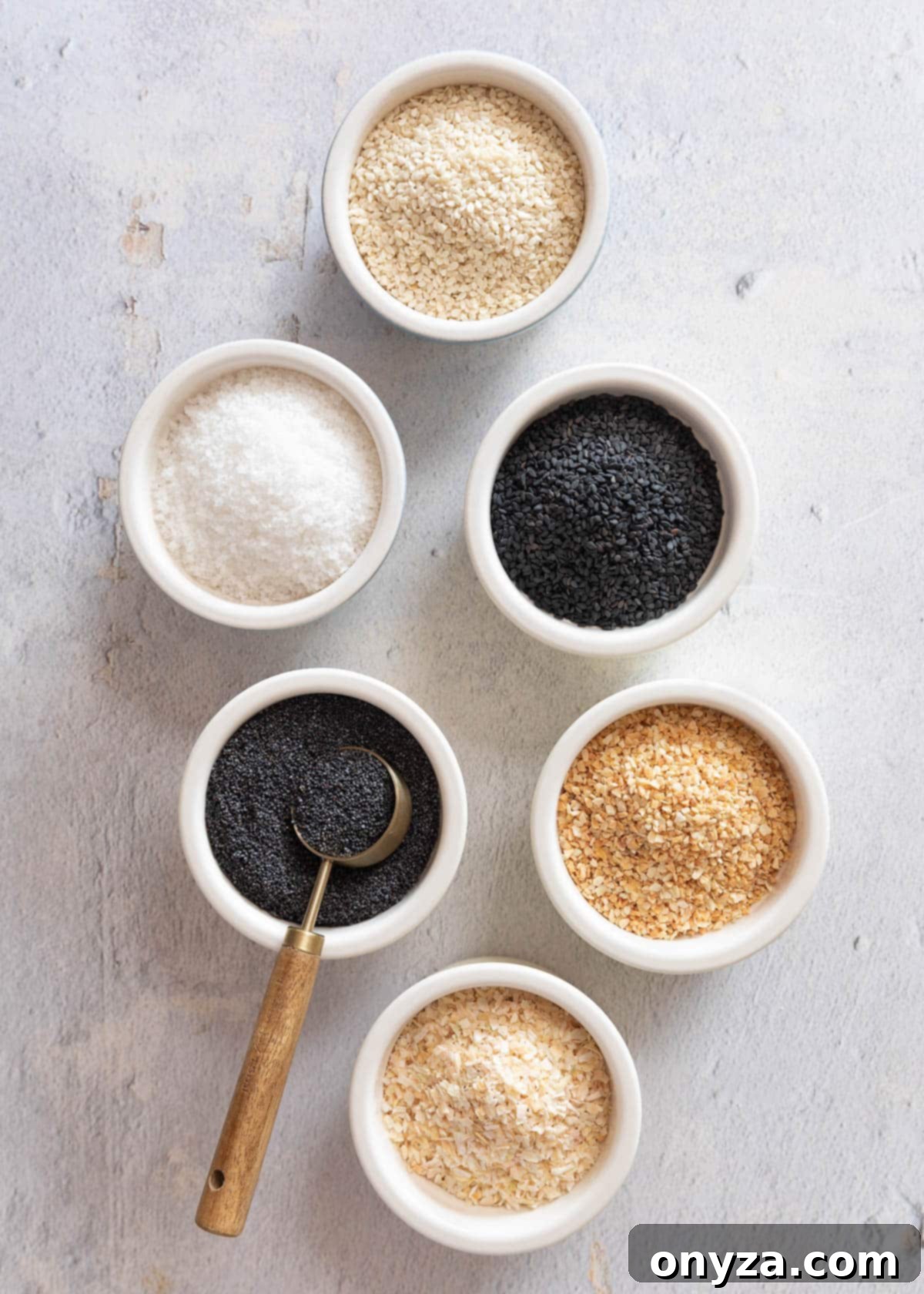 Ultimate Everything Seasoning 3 ingredients to make homemade everything bagel seasoning in ceramic bowls