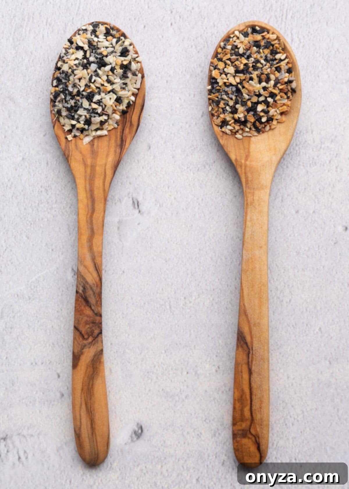 Ultimate Everything Seasoning 6 two olive wood spoons with untoasted and toasted everything seasoning