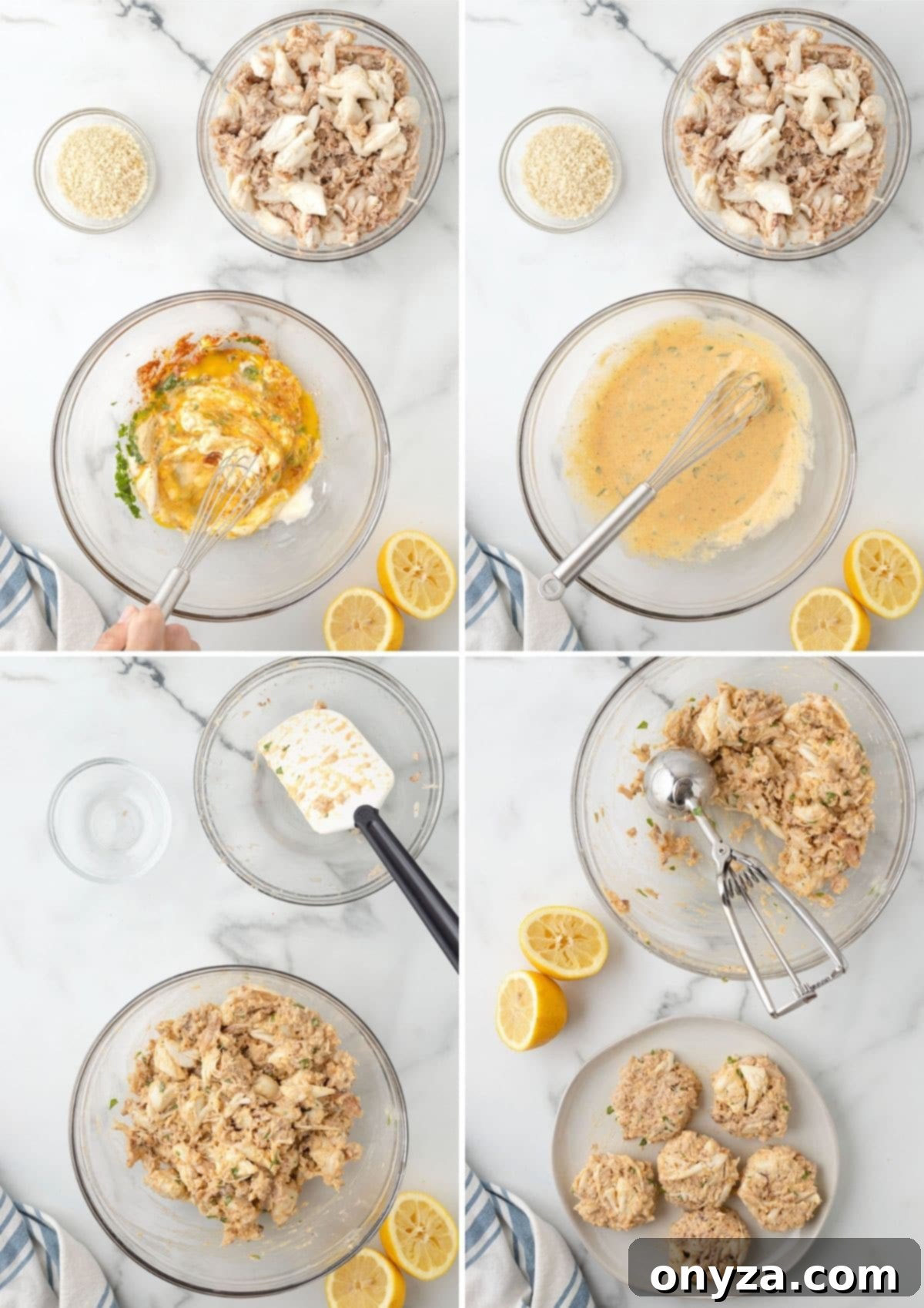 Four sequential overhead photos demonstrating the process of mixing crab cake ingredients in a bowl with a spatula, from initial mixing to folded crab meat.