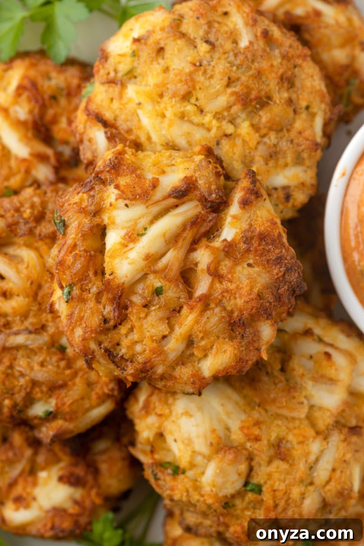 Close-up shot of two crispy air fried crab cakes stacked on a white serving plate, highlighting their golden-brown crust.