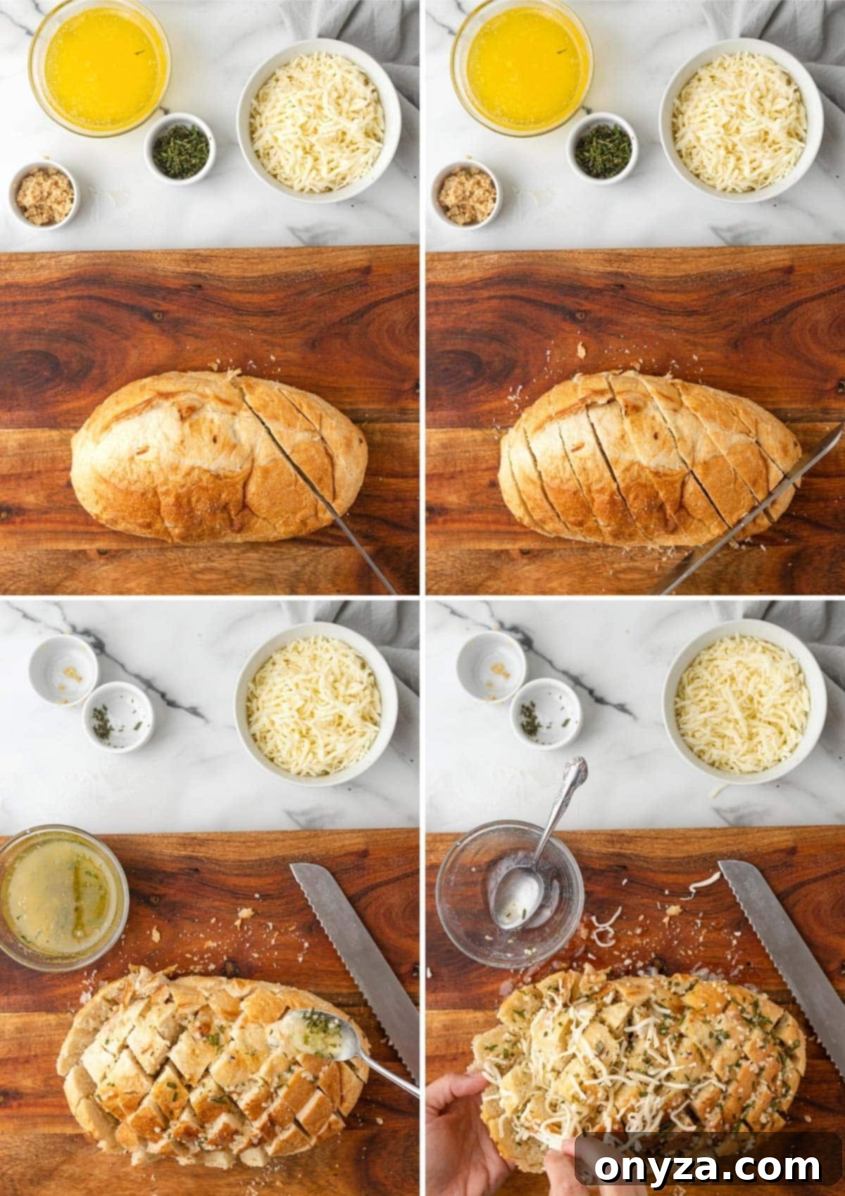 four photos showing the process of cutting and filling garlic pull apart bread with cheese and herbed butter