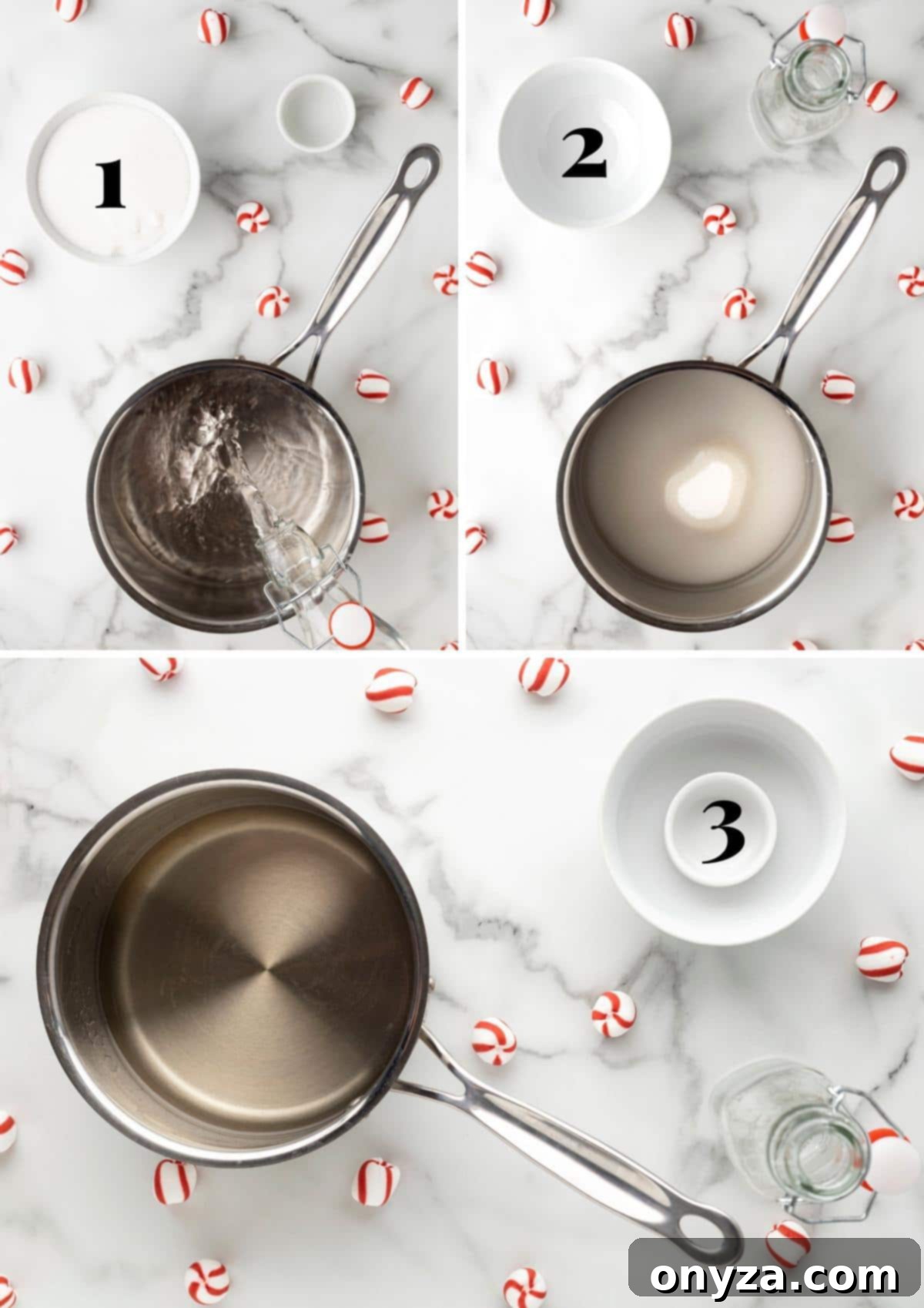 A series of three overhead photos demonstrating the process of making peppermint simple syrup in a stainless steel pot, from dissolving sugar to adding extract.