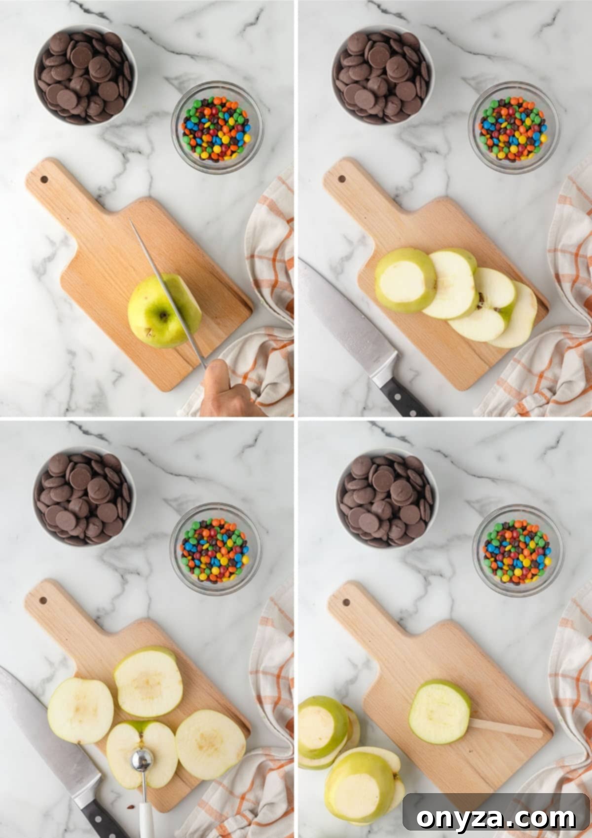 four photos showing the process of slicing and coring apples and placing them on dipping sticks 