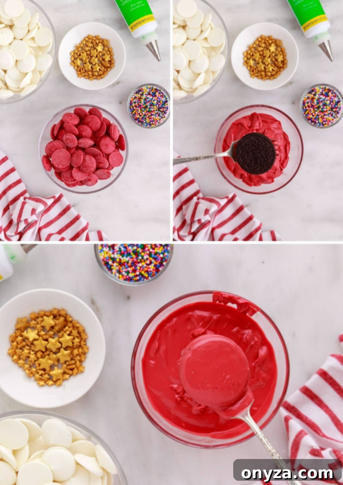 collage of three photos showing the process of dipping chocolate sandwich cookies into red candy melts