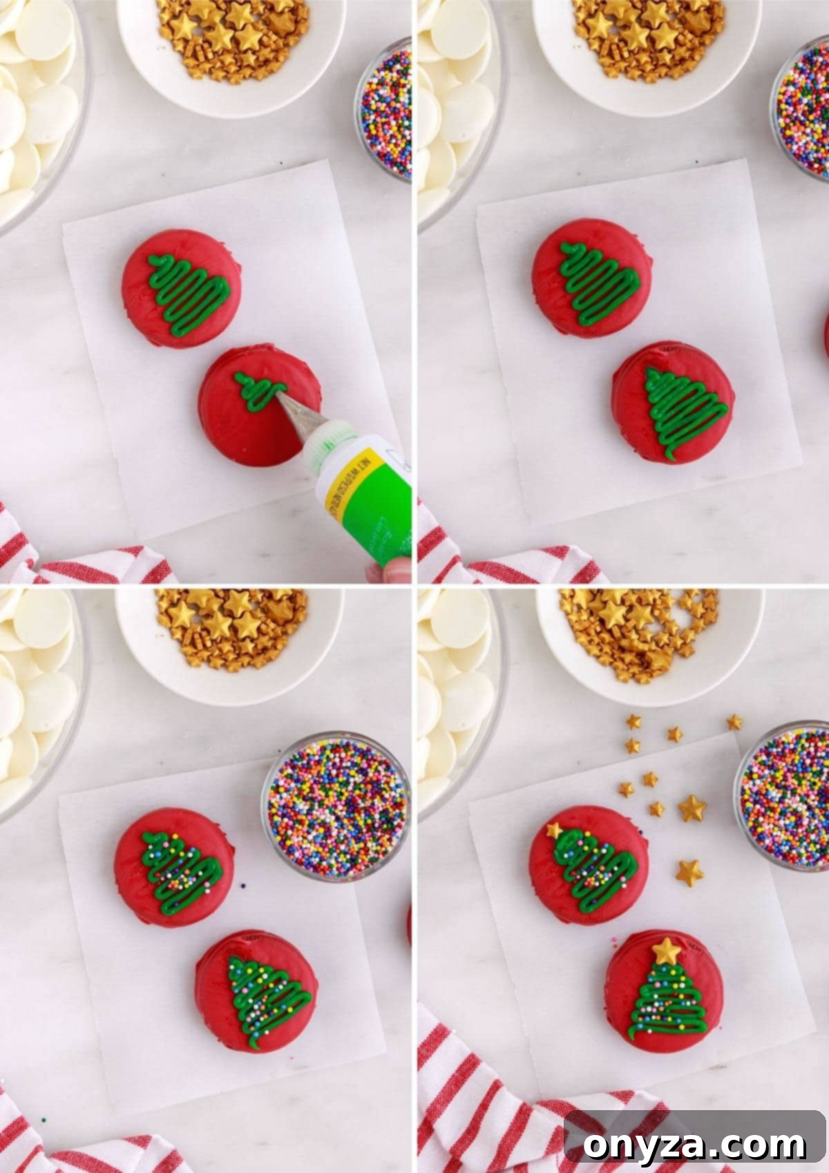 four photos showing the process of decorating dipped oreo cookies with icing christmas trees