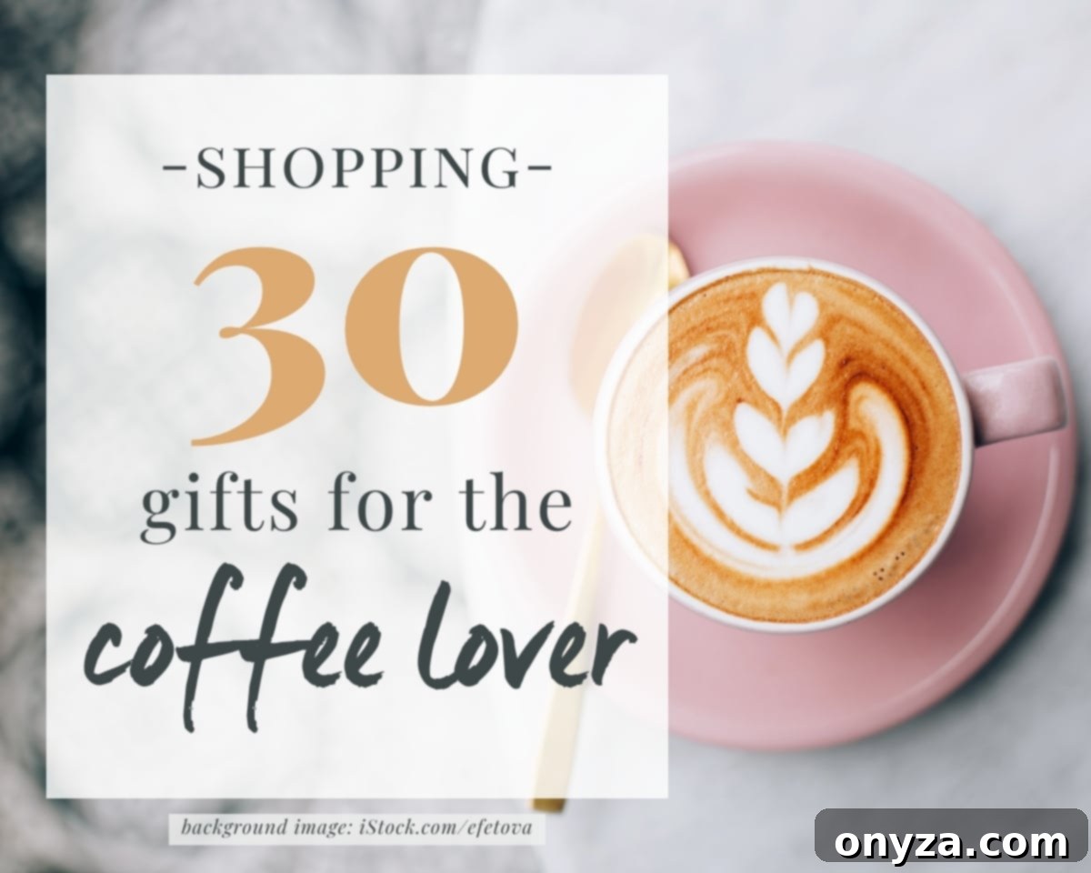 A beautifully frothed cappuccino with intricate foam art sits on a elegant pink saucer, with a text overlay that reads "Shopping - 30 Gifts for the Coffee Lover".