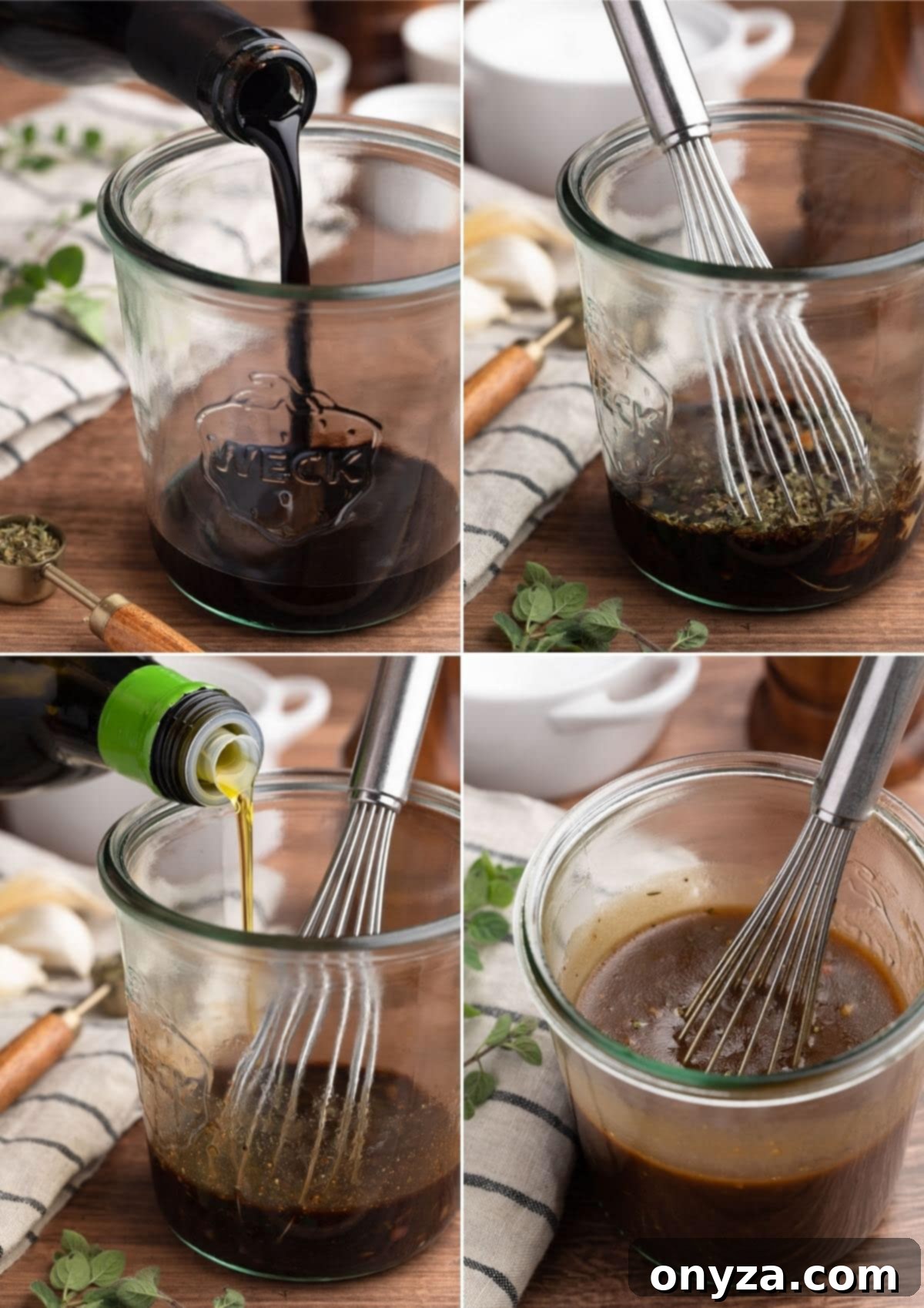 Tangy Balsamic Dressing 4 A series of four sequential close-up photos demonstrating the step-by-step process of making balsamic vinaigrette in a clear mixing bowl. The images show combining initial ingredients, slowly drizzling in olive oil while whisking, and finally achieving a smooth, emulsified dressing, illustrating the transformation.