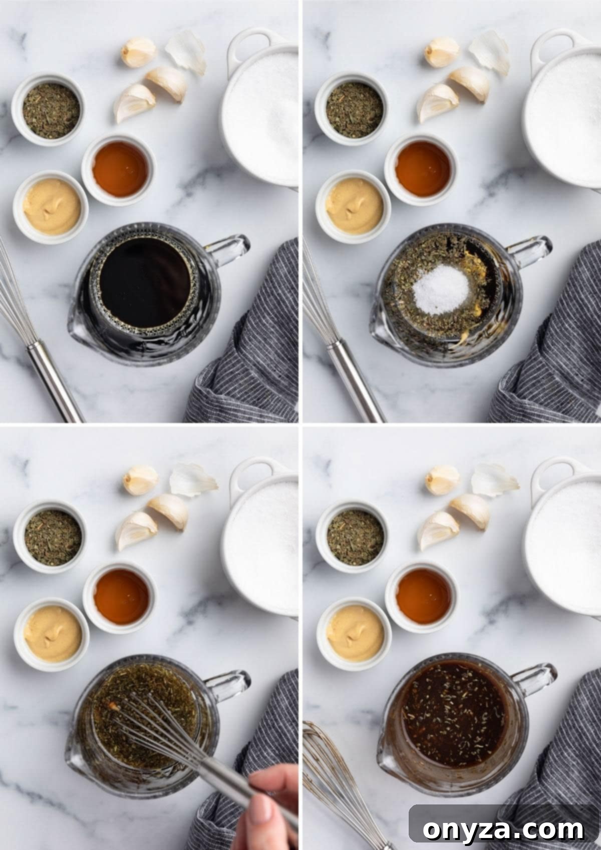 Four overhead photos showing the process of whisking balsamic marinade in a glass measuring cup