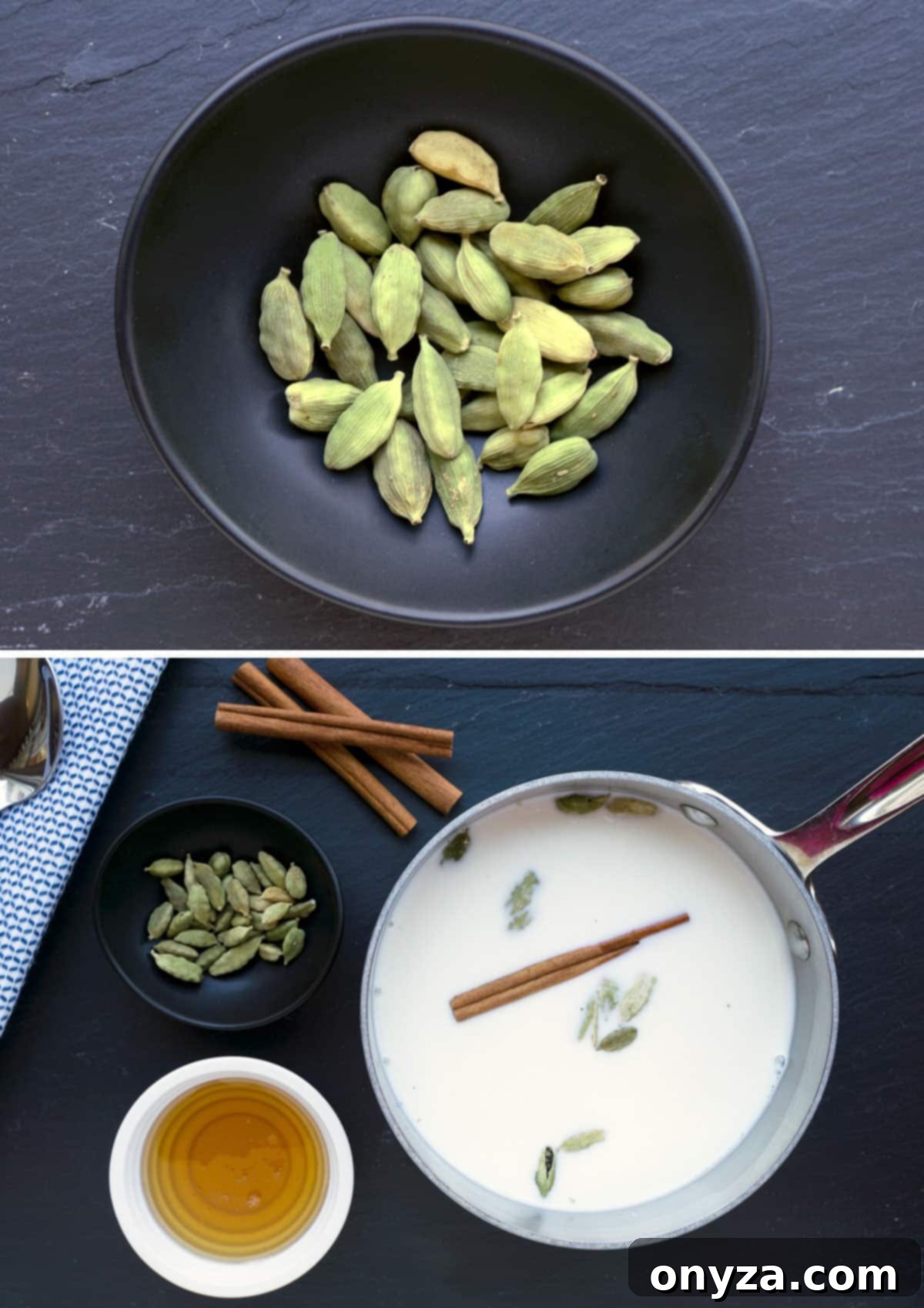 A beautiful collage displaying the essence of cardamom milk: plump green cardamom pods in a sleek black bowl at the top, and a rustic pot of milk infused with whole spices alongside bowls of honey and cinnamon sticks at the bottom, highlighting the natural ingredients.