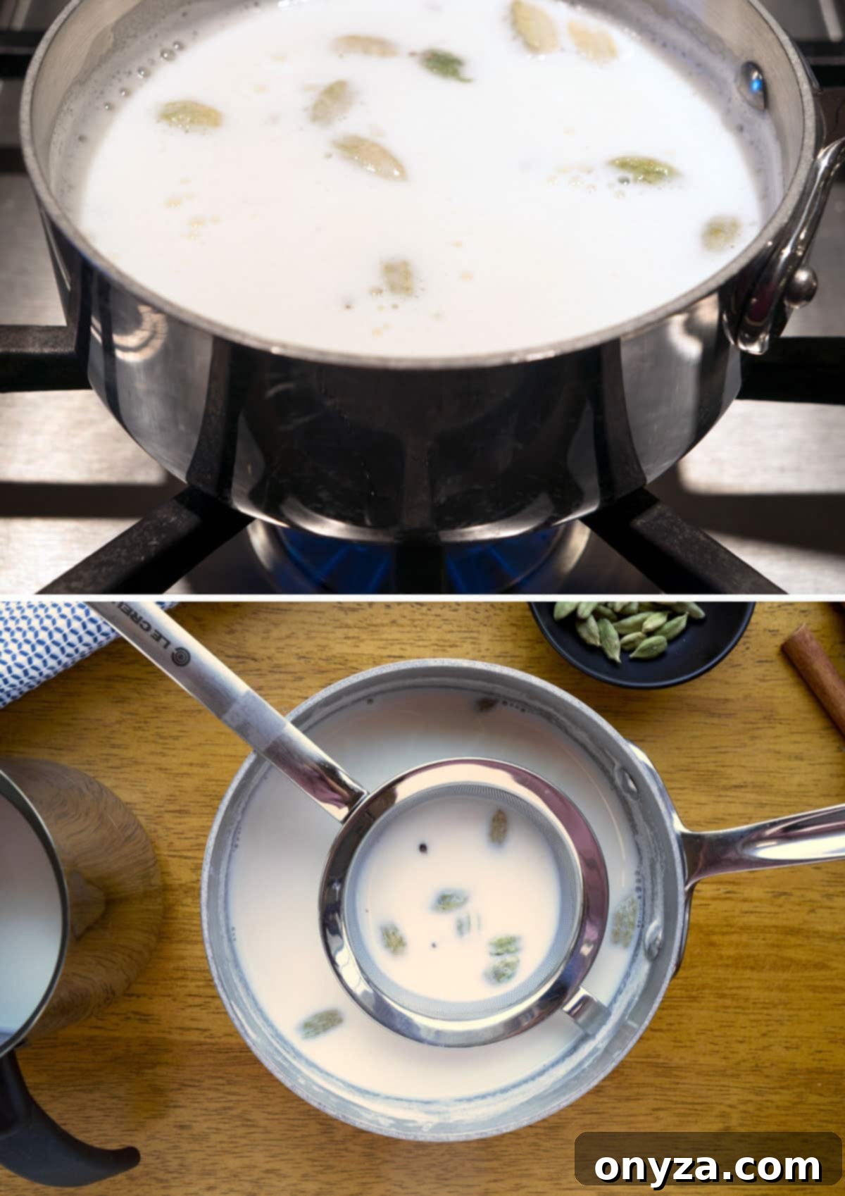 A visual guide showing the process of making cardamom milk: the top photo features whole green cardamom pods, while the bottom photo displays milk simmering gently in a pot with cinnamon sticks and crushed cardamom pods, ready to infuse.