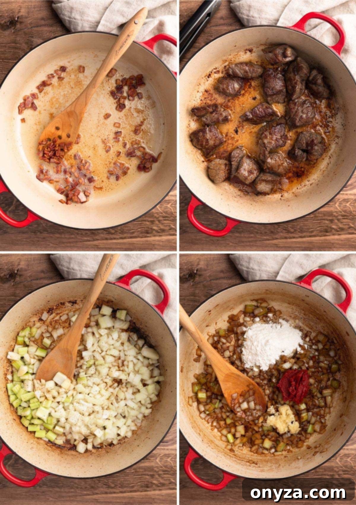 Slow-Cooked Guinness Beef Stew 4 Collage of four overhead photos making Guinness Beef Stew in a Dutch oven. Clockwise: 1- crisping chopped bacon, 2 - browning beef cubes, 3 - sautéing aromatics, 4 - adding flour, garlic, and tomato paste